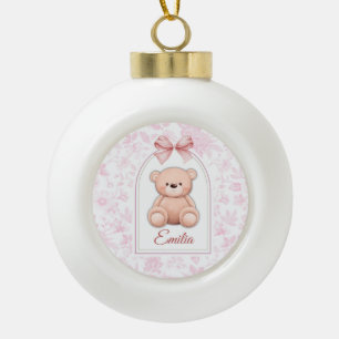 Emilia Custom Pink Teddy Bear Nursery Design Ceramic Ball Christmas Ornament