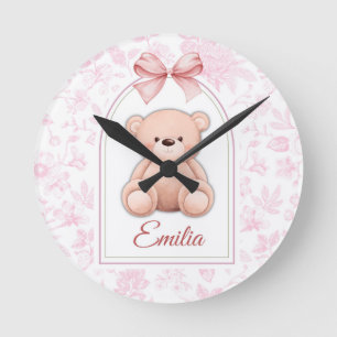 Emilia Custom Pink Teddy Bear Nursery Design Round Clock