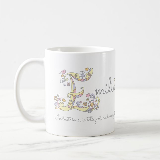 Emilia letter E name meaning monogram mug (Left)