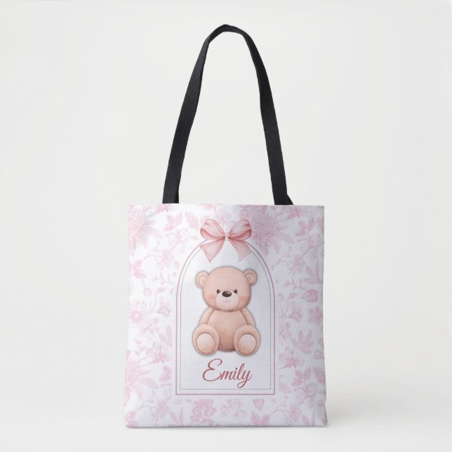 Emily | Custom Pink Teddy Bear Nursery Design  Tote Bag (Front)