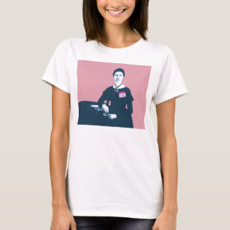 Emily Dickinson pink and blue shirt on white