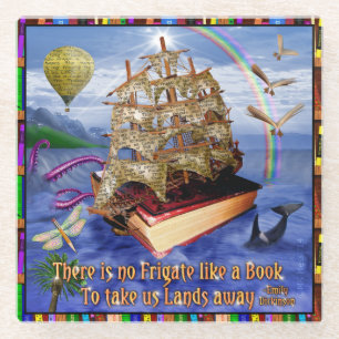Emily Dickinson Poem Quote Book Ship Ocean Glass Coaster