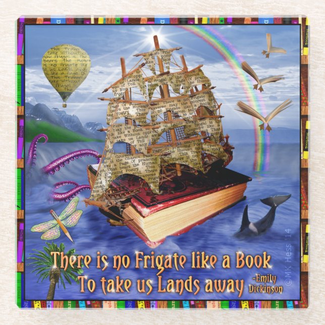Emily Dickinson Poem Quote Book Ship Ocean Glass Coaster (Front)