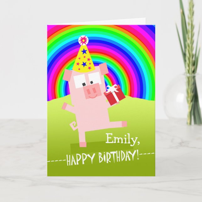 Emily Happy Birthday with Dancing Pig Card (Front)