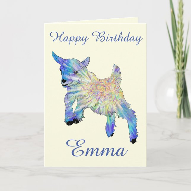 Emma Add Name Colourful Cute Baby Goat Animal Art Card (Front)