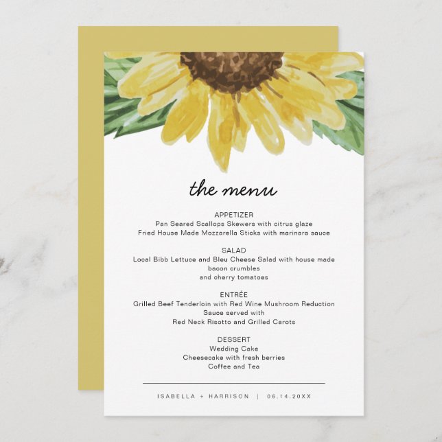 Emma - Cartes de menu de mariage tournesol rustiqu (Devant / Derrière)