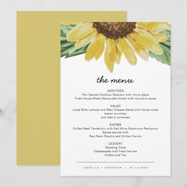 Emma - Cartes de menu du Mariage de tournesol rust (Devant / Derrière)