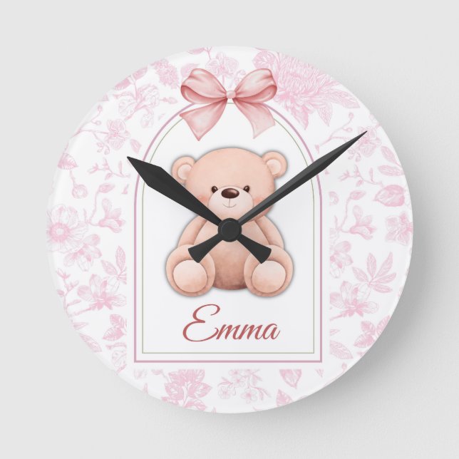Emma | Custom Pink Teddy Bear Nursery Design  Round Clock (Front)