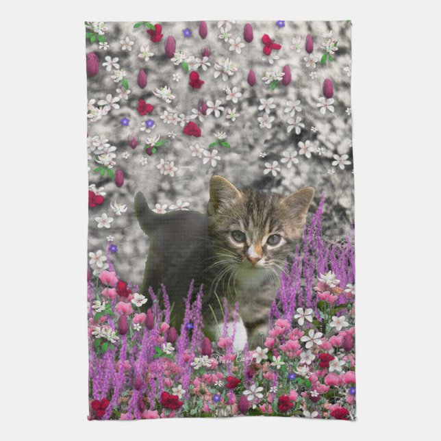 Emma in Flowers I – Little Grey Kitten Kitchen Towel (Vertical)