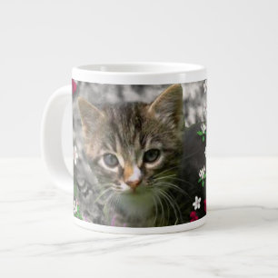 Emma in Flowers II, Little Grey Tabby Kitty Cat Large Coffee Mug