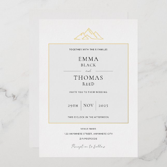 EMMA Mountain Minimalist Dove Grey Foil Invitation (Front/Back)