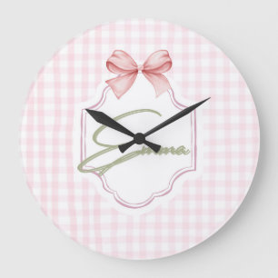 Emma Personalized Pink Bow & Gingham Print  Large Clock