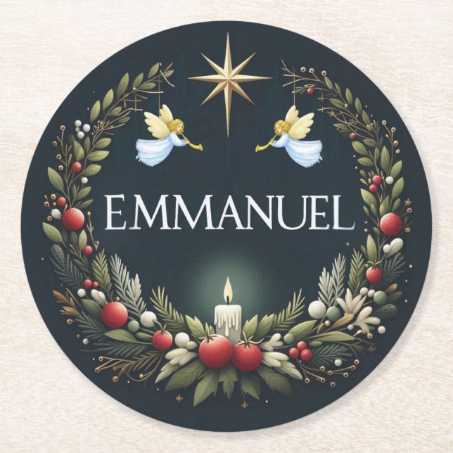 Emmanuel Christmas angels Round Paper Coaster (Front)