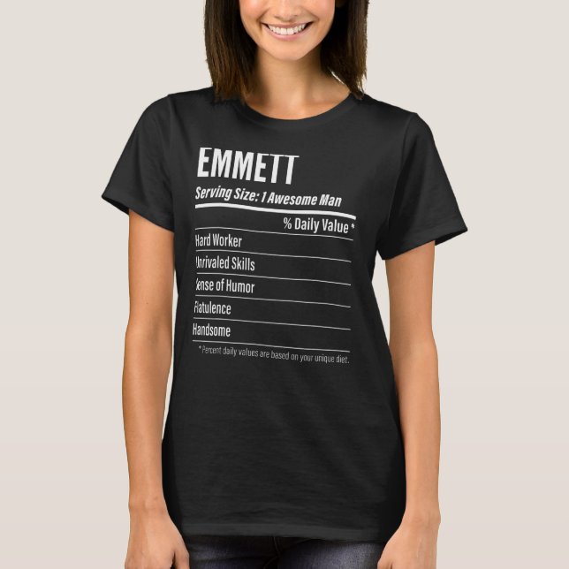 Emmett Serving Size Nutrition Label Calories T-Shirt (Front)
