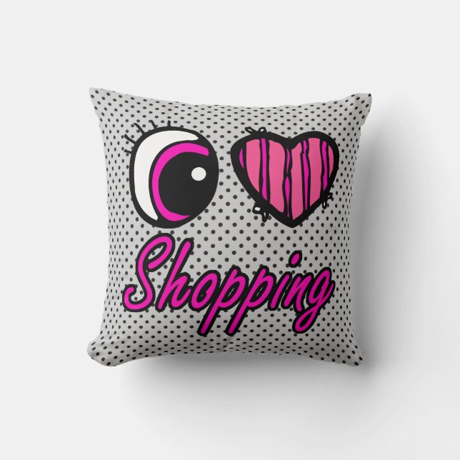Emo Eye Heart I Love Shopping Throw Pillow (Front)