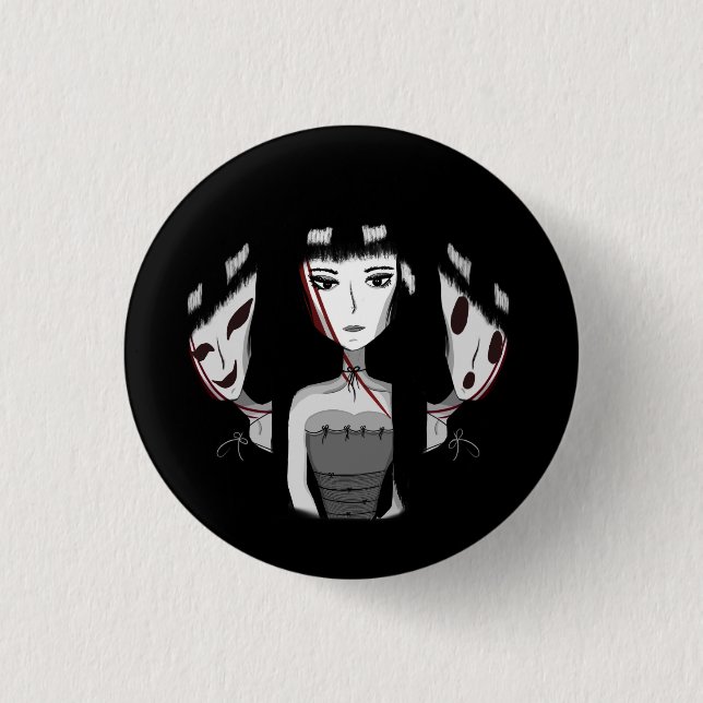Emo Girl Hand-Drawn Black 1 Inch Round Button (Front)