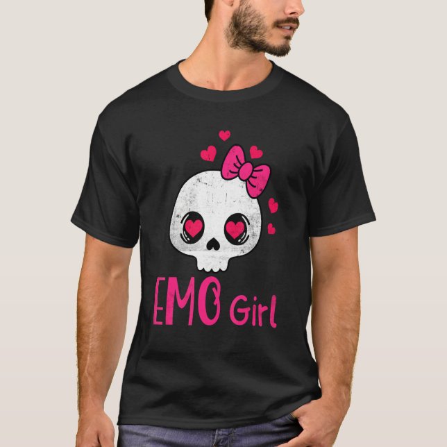 Emo Girl Pink Skull With Bow Tie Emo Goth Emotiona T-Shirt (Front)