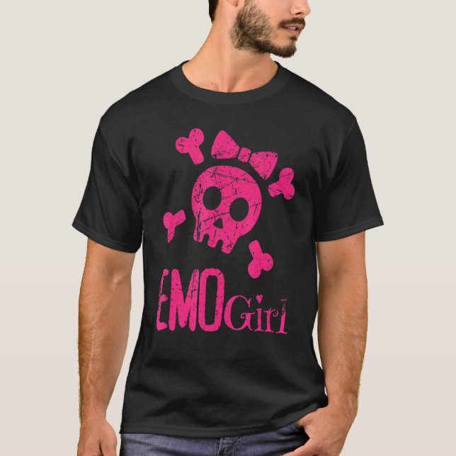 Emo Girl Pink Skull With Bow Tie Emo Goth Emotiona T-Shirt (Front)