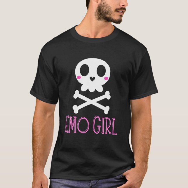 Emo Girl Pink Skull With Bow Tie Emo Goth Emotiona T-Shirt (Front)