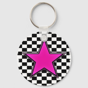 Emo Pink Star Checkers Keychain
