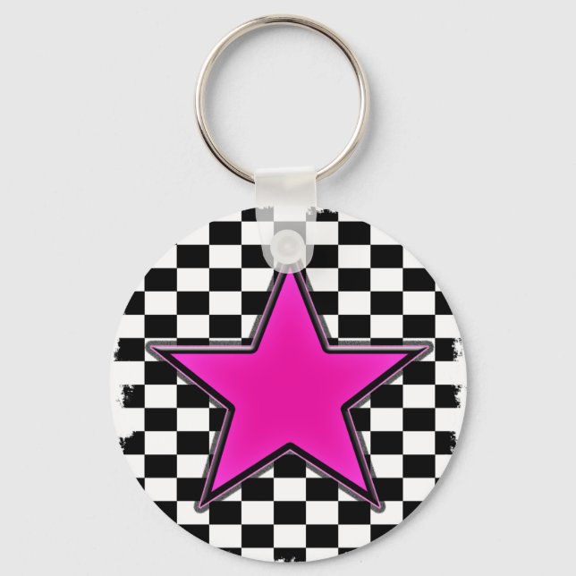 Emo Pink Star Checkers Keychain (Front)
