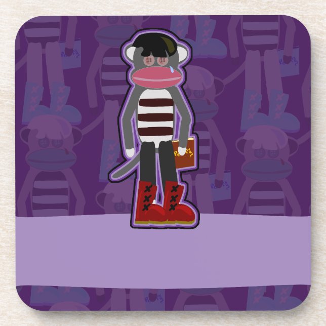Emo Sock Monkey Purple Cartoon Art Design Coaster (Front)