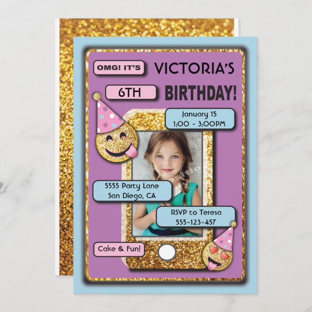 Emoji Birthday Party Cell Phone text invitation (Front/Back)
