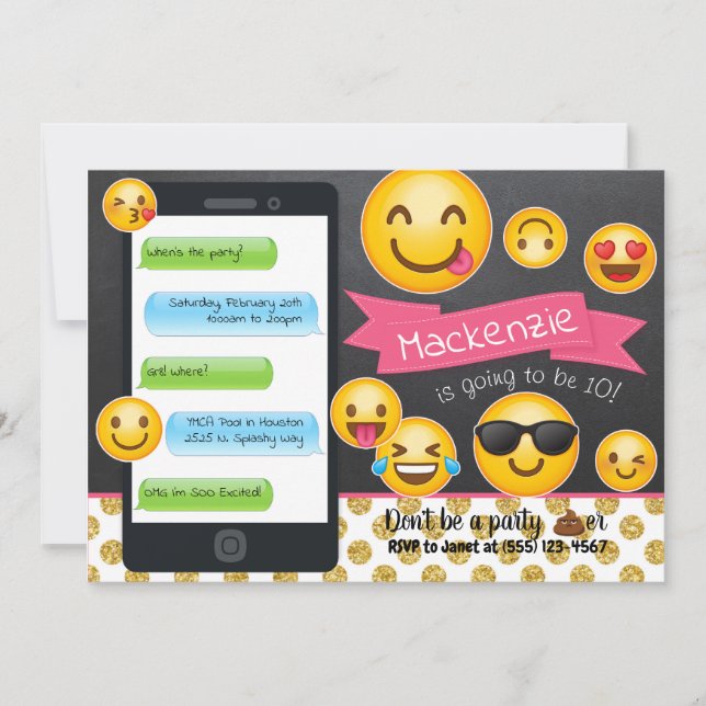 Emoji Chalkboard Glitter Birthday Invitations (Front)