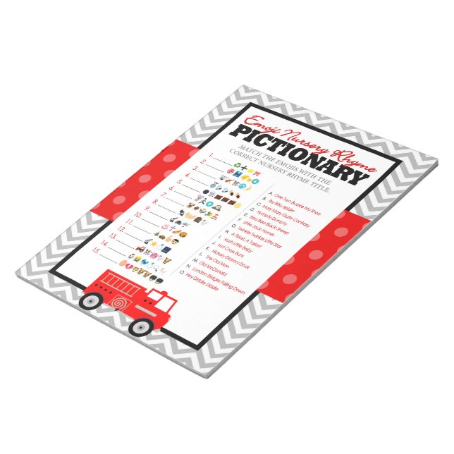 Emoji Nursery Rhyme Firetruck Baby Shower Game Notepad (Angled)