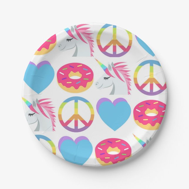 Emoji Paper Plates - Peace, Love, Unicorn, (Front)
