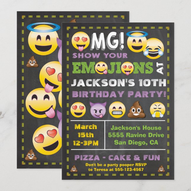 Emoji Party OMG Birthay Invitation (Devant / Derrière)