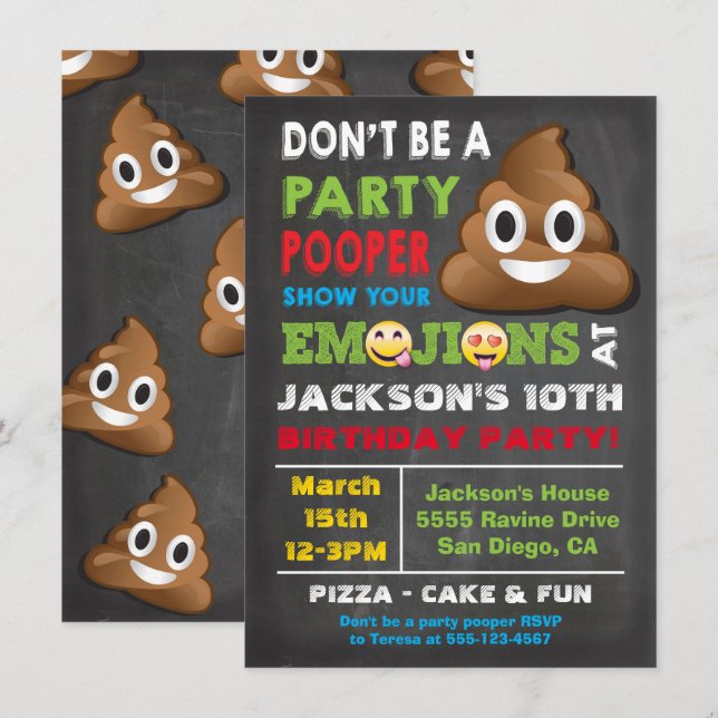 Emoji Party Pooper Boys Birthday Party Invitation (Front/Back)
