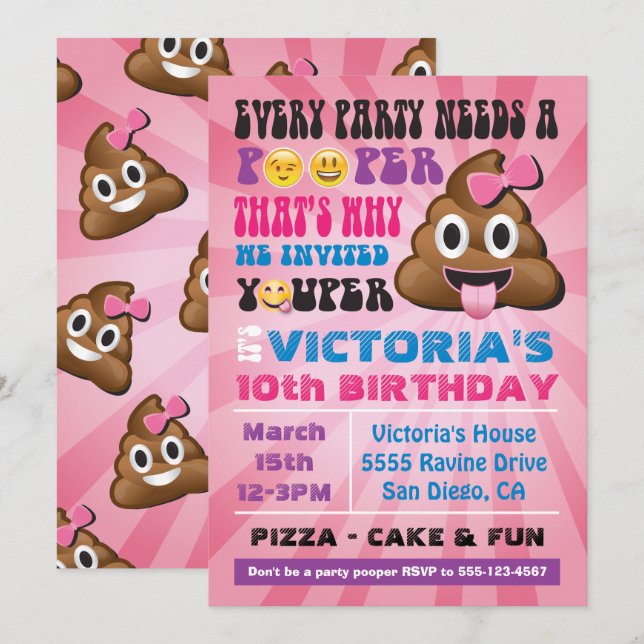 Emoji Party Pooper Girl Birthay Invitation (Devant / Derrière)