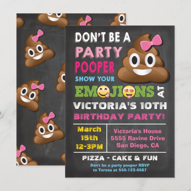 Emoji Party Pooper Girl Birthay Invitation (Devant / Derrière)