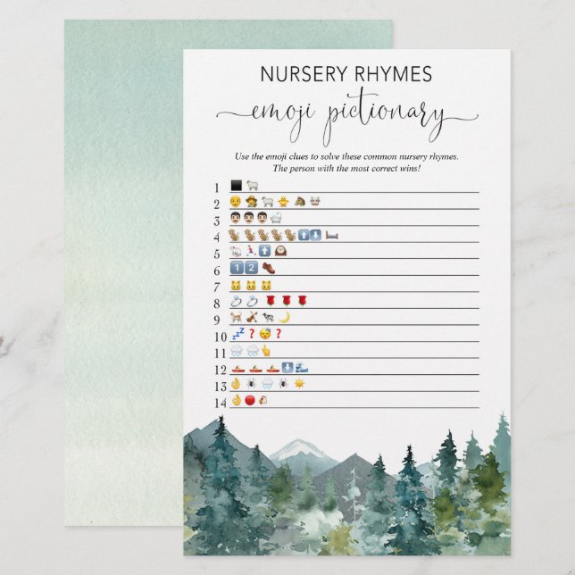 Emoji pictionary baby shower game rustic mountains (Front/Back)