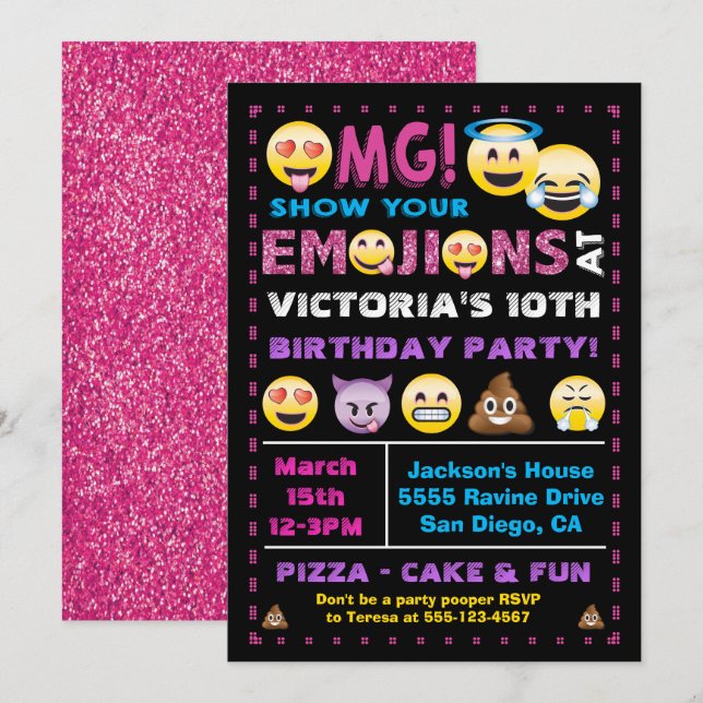 Emoji Pink Glitter Birthday Party Invitation (Front/Back)