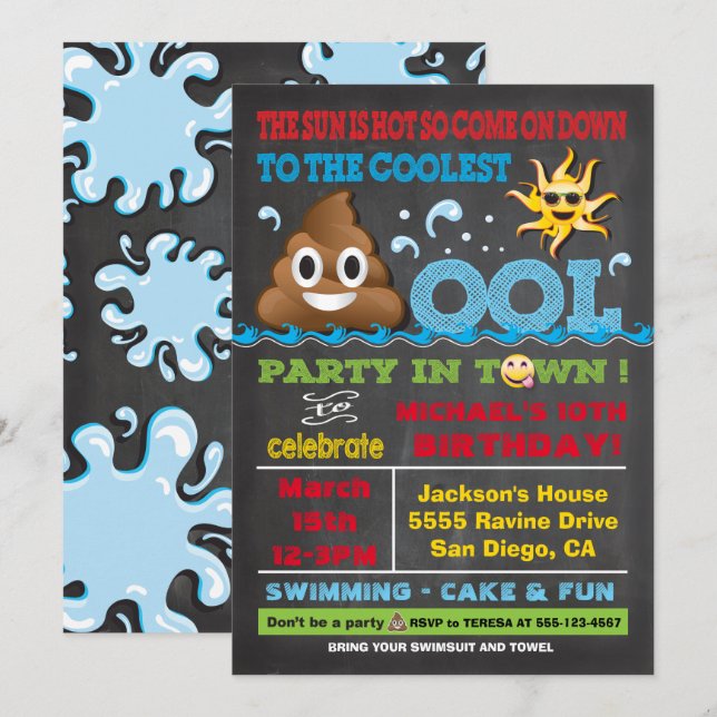 Emoji Pool Party Pooper Anniversaire Invitation (Devant / Derrière)