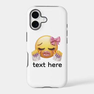 Émoji Sassy qui rougit avec un nœud rose et des on