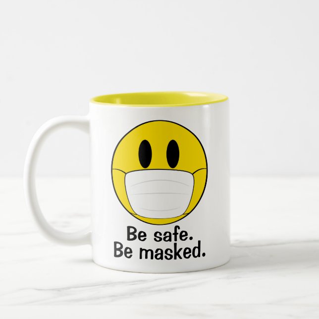 Emoji with Mask Illustrated Two-Tone Coffee Mug (Left)