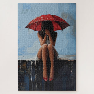 Emotional Female Portrait with Red Umbrella Jigsaw Puzzle