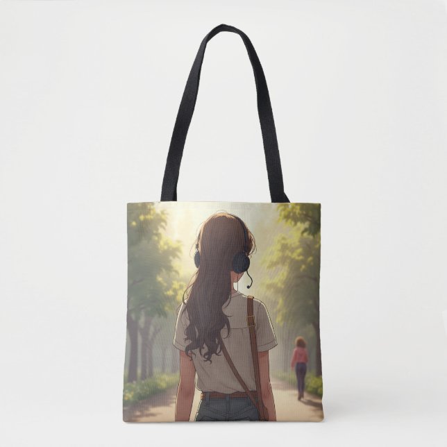 Emotional girl listening to music tote bags (Front)