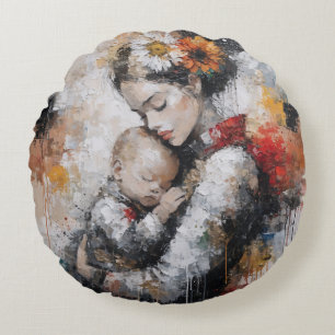 Emotional Motherhood Wall Art with Floral Crown Round Pillow