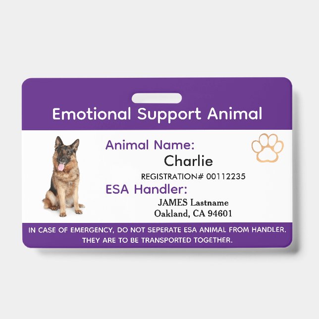 Emotional Support Animal ESA ID One Photo Badge (Front)
