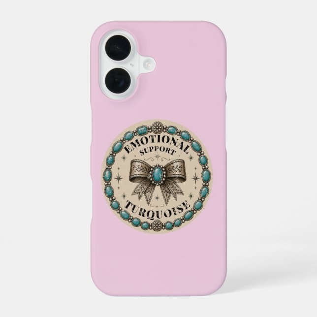 Emotional Support Turquoise Western Design iPhone 16 Case (Back)