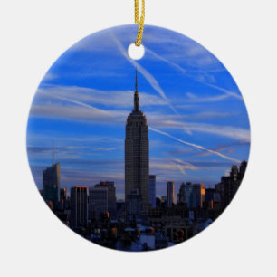 Emp St Bldg, NYC Skyline and Jet Trails Ceramic Ornament