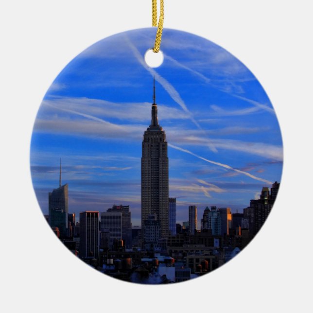 Emp St Bldg, NYC Skyline and Jet Trails Ceramic Ornament (Front)