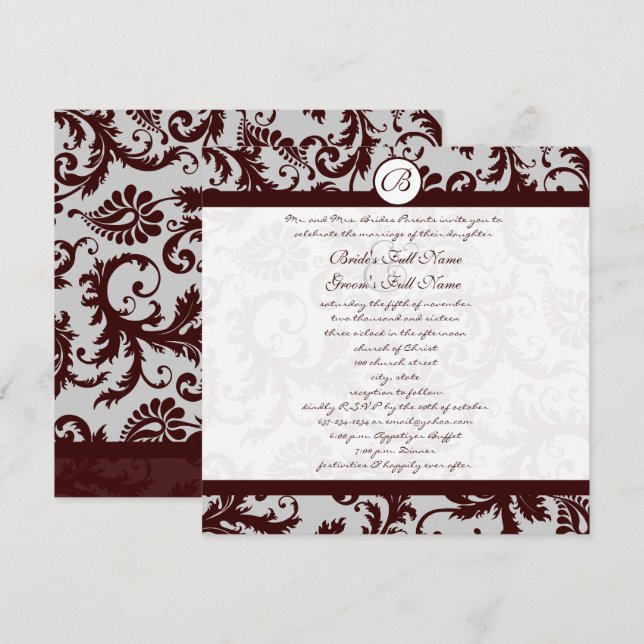 Empereur Chocolat Brown Mariage damassé Invitation (Devant / Derrière)