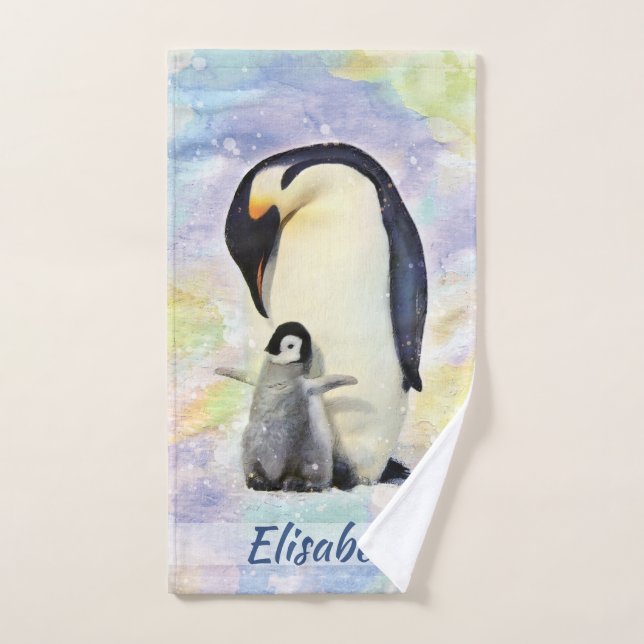 Empereur Penguin avec l'aquarelle de bébé poussin (Serviette à main)