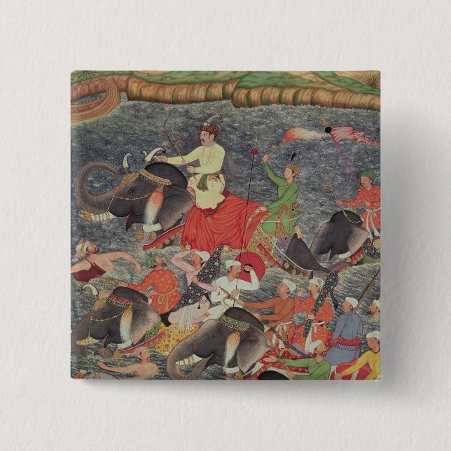 Emperor Akbar  crossing the River Ganges 2 Inch Square Button (Front)