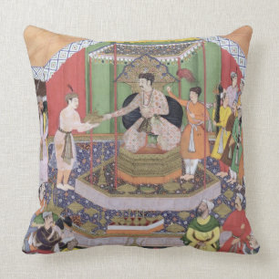 Emperor Akbar (r.1556-1605) entertained by his fos Throw Pillow